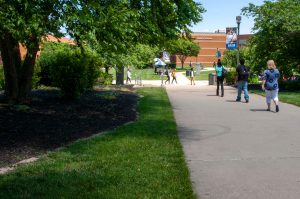 Students walking through the quad area of the Belleville campus.