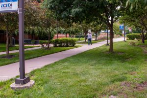 A student walking through the quad on the Belleville campus.
