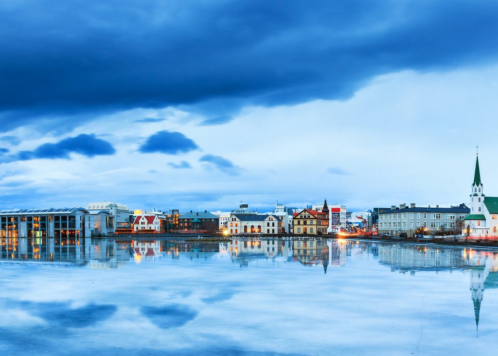 Beautiful panorama of the skyline cityscape of Reykjavik, reflec