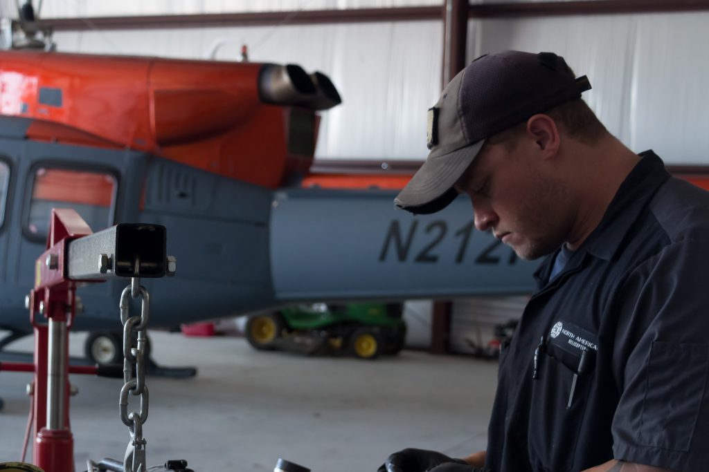 Student in helicopter maintenance class.