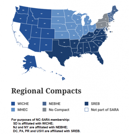 An image of the United Starts displaying which starts are part of a Regional Compact with SARA.