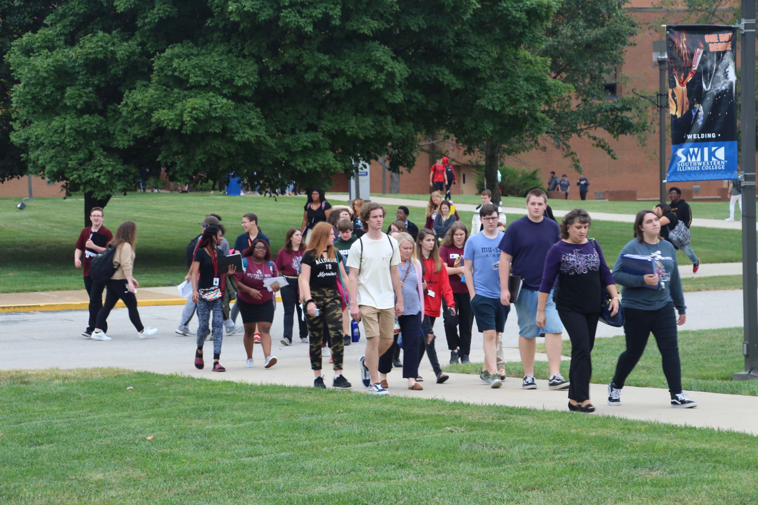SWIC file photo of Belleville Campus students walking across the Belleville Campus quad.