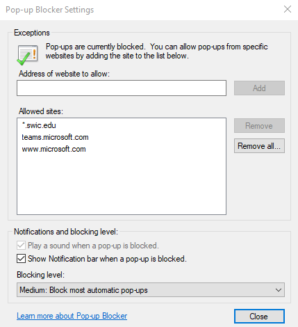 IE Pop-up blocker settings