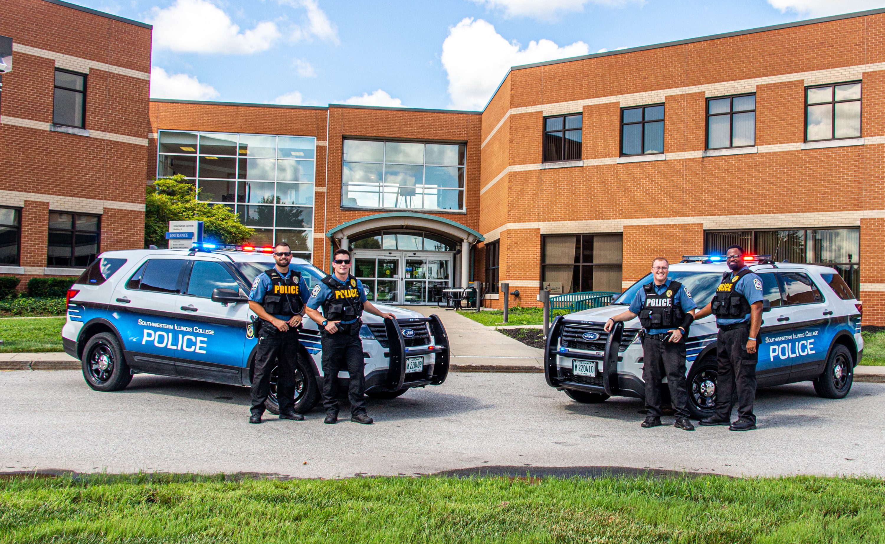 Public Safety in front of the IS building at the Belleville Campus