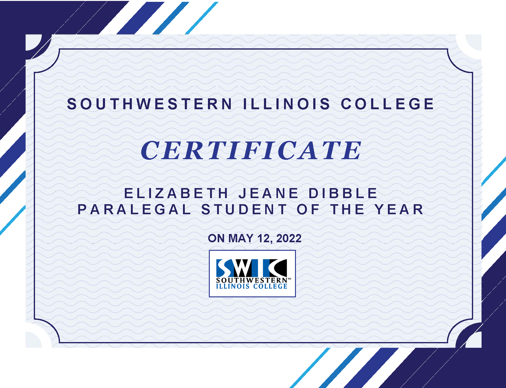 Southwestern Illinois College Certificate Elizabeth Jeane Dibble Paralegal Student of the Year