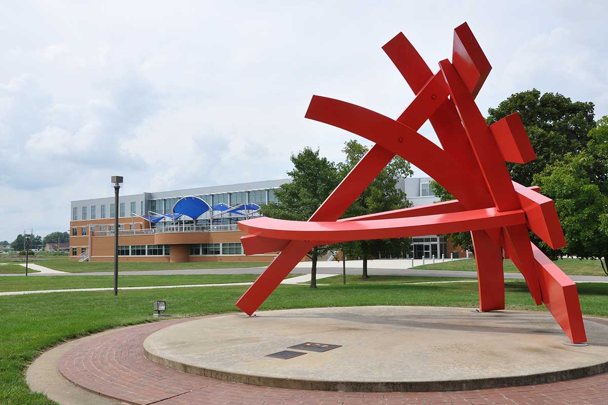 Michael Dunbar's "Astro Treillage" sculpture by Main Complex on the Belleville campus.