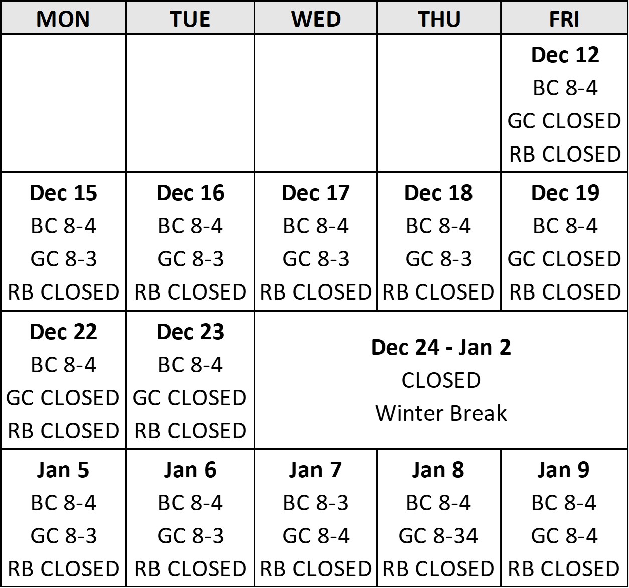 Library - Winter Break Hours