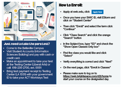 School supplies surrounded by text explaining testing center and how to enroll online